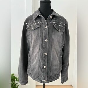 SPANNER Denim Jean Jacket Gray Ombre Bead Embellished Casual Staple Weekend
